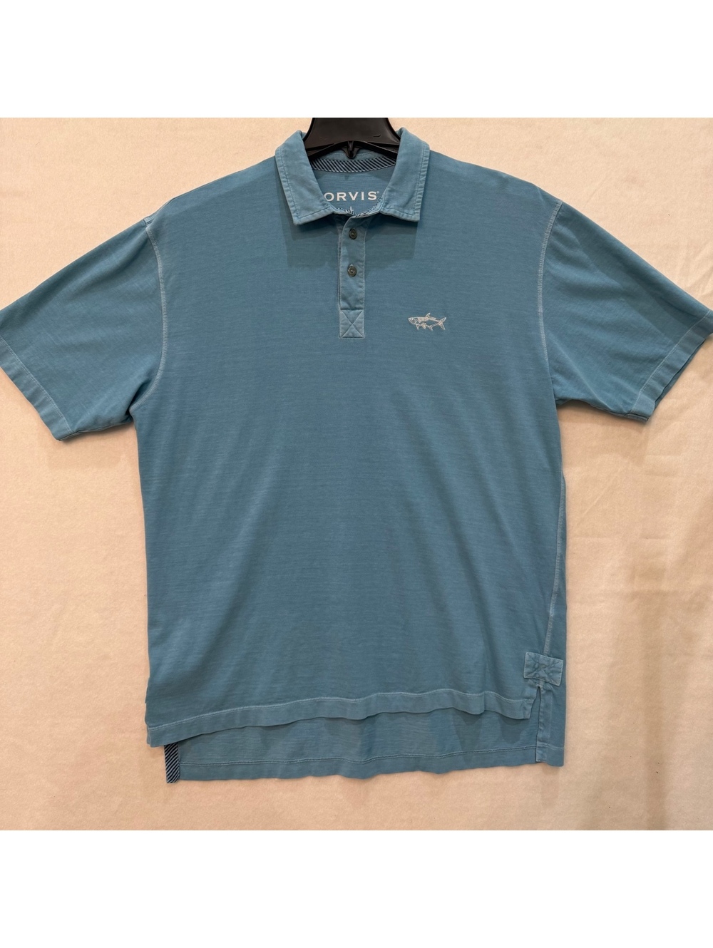 Orvis Men's LARGE Garment Dyed Sky Blue Polo Shirt White Embroidered Fish